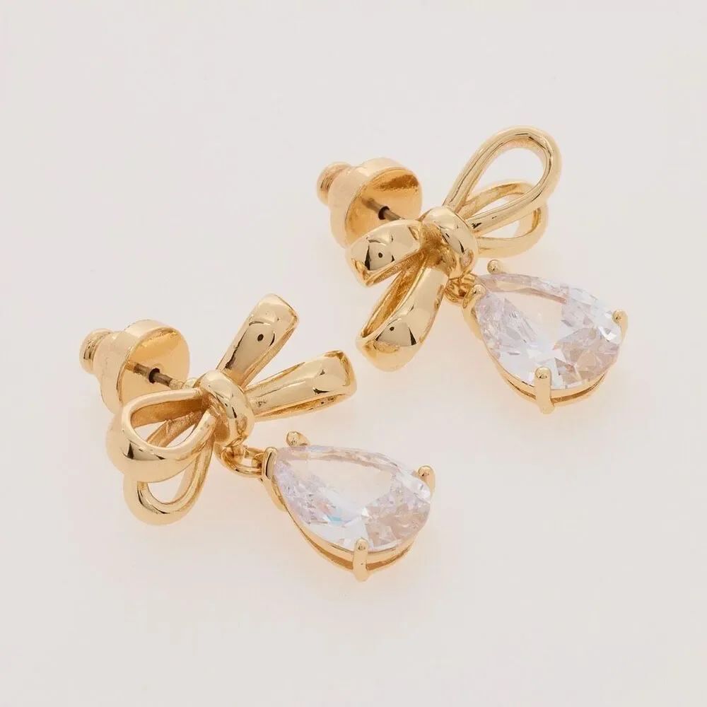 House of Harlow Gold Bow CZ Drop Earrings Dainty Rhinestone Bridal